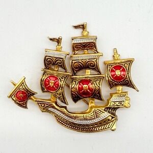 Vintage Damascene Brooch‎ Spanish Galleon Ship Pirate Marked Spain Gold Tone